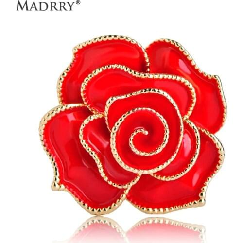 Madrry Enamel Esmalte Red Rose Flower Brooches Women Valentines Day Gifts Gold Color Brooch Pins Scarf Dress Clips Accessories
