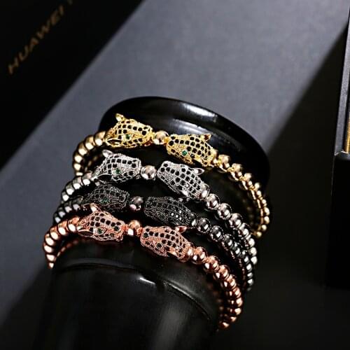 Double Leopard Head Beaded Bracelets For Men Accessories Jewelry Copper Charm Bracelet Punk Personality Bracciale Uomo Male