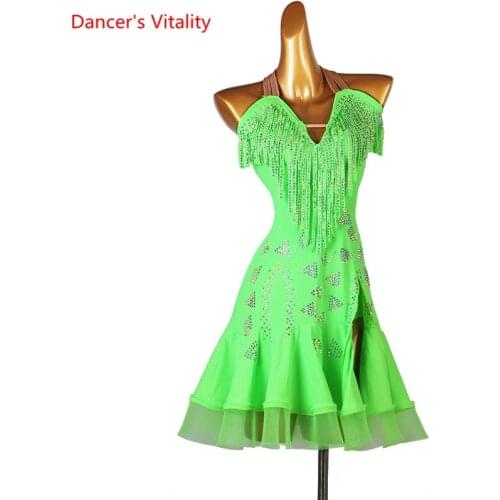 Latin Dance Dress V-NeckTassel Diamond Skirt Performance Clothes High-End Custom Adult Child Profession Competition Clothing