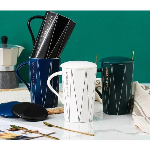 Rhombus Geometric Mug With Lid Spoon Coffee Cup Set Couple Pair Cup