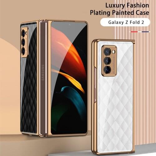 Luxury Grid Lambskin Tempered Glass Plating Hard Case For Samsung Galaxy Z Fold 2 W21 5G Anti-knock Protection Cover Coque