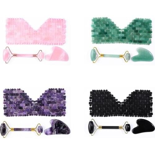 Gouache Scraper Jade Eye Mask Face Massage Roller Set Natural Rose Quartz Cold Therapy Sleeping Eye Mask Facial Roller Massager