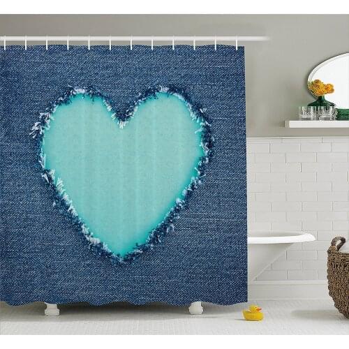 Navy and Teal Shower Curtain Ripped Denim Jean Fabric Image Heart Shape Love Romance Valentines Day Fabric Bathroom Decor