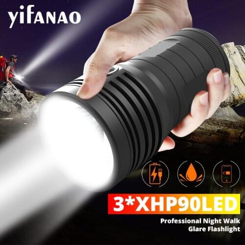Ultra Powerful 3*XHP90 LED Flashlight 10400mAH XHP70 LED Quad Core XHP50 Built-in 18650 Battery USB Waterproof L2 Torch 3 Modes