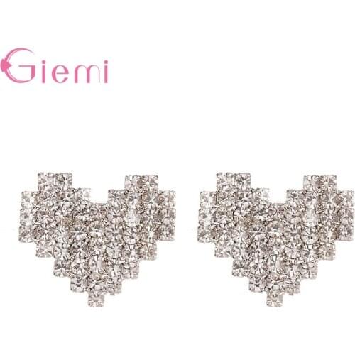 Genuine 925 Sterling Silver Heart Pattern Paved With Shiny Crystal Stud Earrings For Women Fine Jewelry New Bijoux Earring