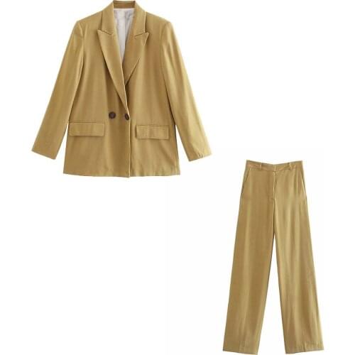 DYLQFS 2021 Women Two-piece Set Khaki Vintage Elegant Office Lady Double Breasted Blazer Female Casual High Waist Pants Suits