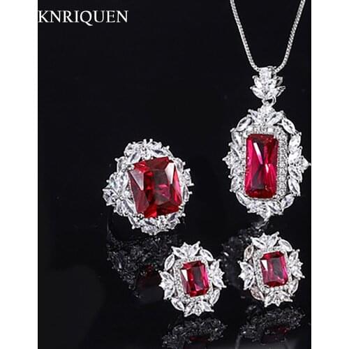 Charms 100% 925 Sterling Silver Ruby Gemstone High Carbon Diamond Ring Earrings Pendant Necklace Wedding Jewelry Sets for Women