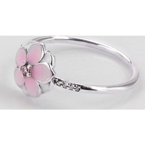 Original Pink Enamel Magnolia Bloom Ring With Crystal For Women 925 Sterling Silver Ring Wedding Party Gift Fine Europe Jewelry