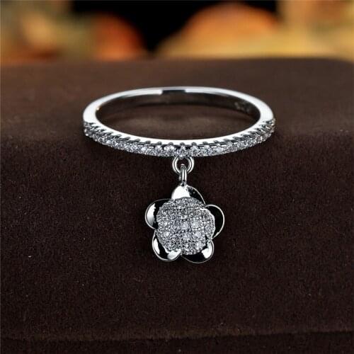 Female Luxury Crystal White Zircon Ring Dainty Gold Silver Color Wedding Ring Charm Flower Pendant Rings For Women Bride Jewelry