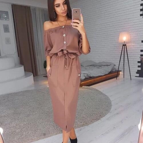 Women Sexy A Line Sashes Slash Neck Party Dress Solid Color Front Buttons Fashion Dress Front Pokets Elegant Autumn Midi Dress