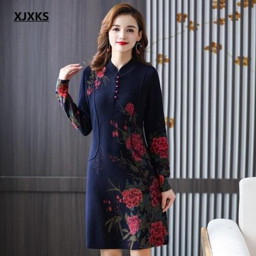 XJXKS 2021 autumn awinter new women long sweater high-end 100% wool knitted dress women printed pullover