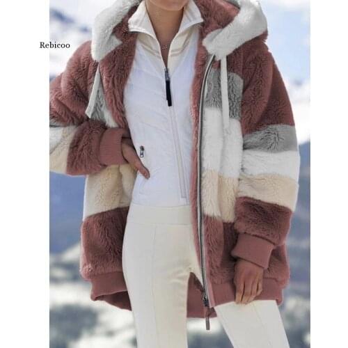 S-5Xl Winter Coat Jacket Hooded Warm Plush Loose Jacket for Women Patchwork Winter Outwear Faux Fur Zipper Ladies Parka Coat
