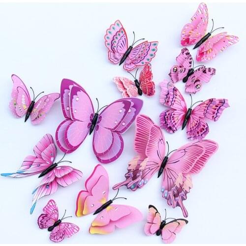 New Style 12Pcs Double Layer 3D Butterfly Wall Sticker on The Wall Home Decor Butterflies for Decoration Magnet Fridge Stickers