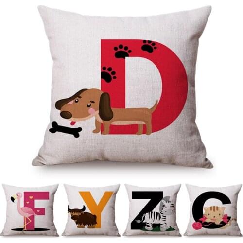 26 Letter Cute Animal Cushion Cover Dog Cat Zebra Black Yellow Red Cotton Linen Home Decorative Sofa Chair Throw Pillow Cover