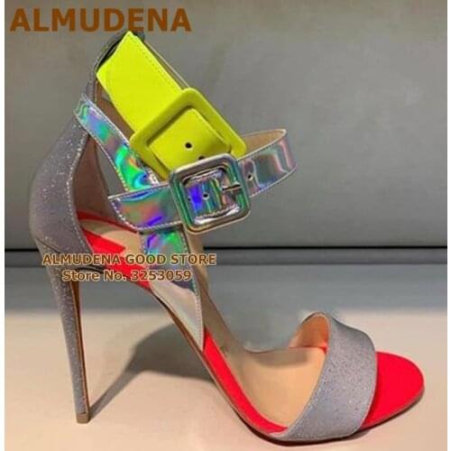 ALMUDENA Neon Yellow Buckle Strap Sandals Hologram Iridescent Silver Wedding Shoes Bling Bling Sequined Patchwork High Heels