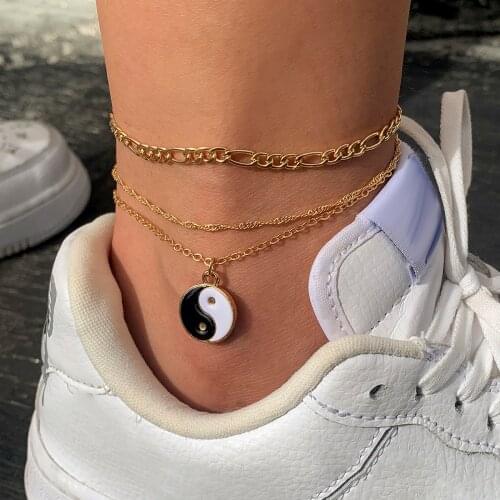 IngeSight.Z 3Pcs/Set Yin Yang Tai Chi Pendant Anklets Bracelets for Women Gold Color Anklets Barefoot Sandals On Foot Jewelry