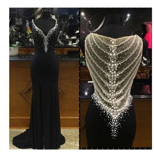 Black Sparkly Prom V Neck Sexy Back Hollow Beaded Pearls Long Evening Gowns Custom Luxury Formal Party mother of the bride Dress