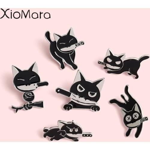 Black Punk Cats with Knife Enamel Pins Fashion Killer Brooches Lapel Badges Wholesale Cute Pin Jewelry Gifts for Friends