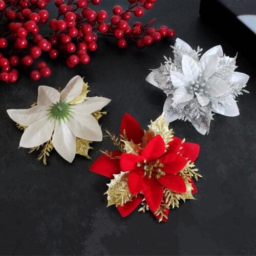 Artificial Golden Flowers Giltter Silver Christmas Fake Flowers Xmas Tree Ornaments DIY Wedding Home Party Decoration