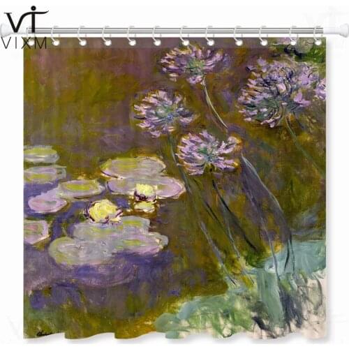 Oil Painting Lotus Blooming Waterproof Shower Curtain Lilies Claude Monet Art Polyester Fabric Bathroom Curtain With Sets