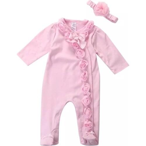 Newborn Toddler Infant Baby Girls 0-7M Floral Romper 2pc Long Sleeve Headband Clothes Outfits Set Pink
