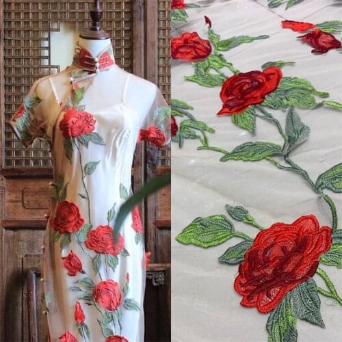 Lace240 New Summer Exquisite High Density Hollow Mesh Rose Embroidered Lace Fabric Cheongsam Dress Clothes DIY Sewing Material