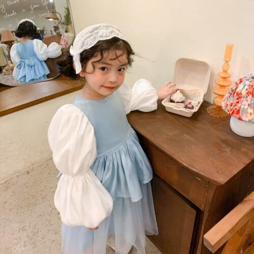 Fashion Spring New Kids Girls Blue Long Sleeved Alsa Princess Dress