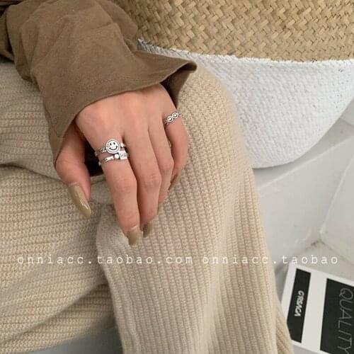 Fashion Smile Face Knuckle Open Rings Korean Jewelry Trendy Hollow Chain Ring Adjustable for Women Men Unisex Accessories
