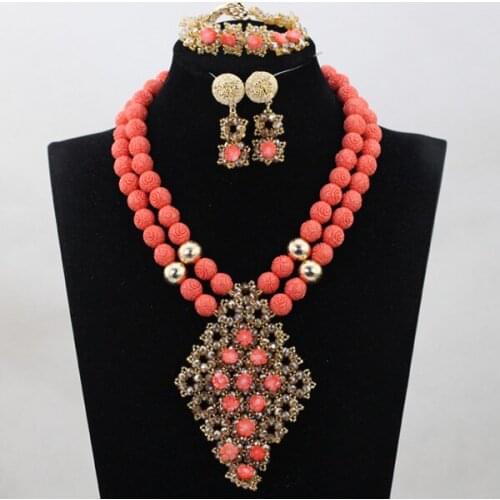 Fashionable Lady/Women African Coral Beads Jewellery Set Gold Pendant Coral Necklace Set Free Shipping CNR774