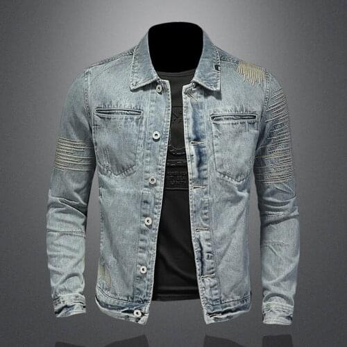 Mens Embroidery Motorcycle Biker Denim Jacket Punk Vintage Slim Fit Young Man Jeans Coat Spring Autumn Drop Shipping