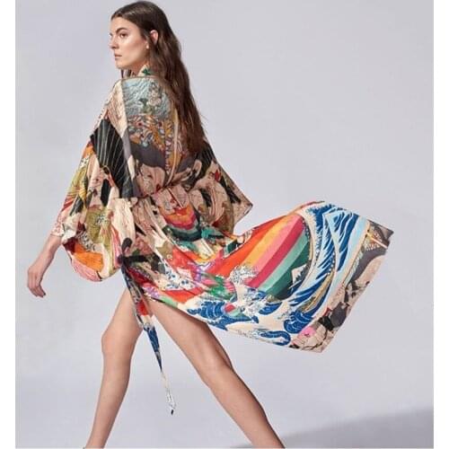 Super chic kimono dress for women boho beach dress kimono sleeve V-neck belt tied summer dress bohemian style sexy beach dress