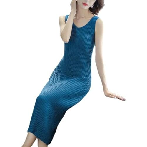 Women Spring Autumn Solid Large Size Sleeveless Elastic Knitted Dress Sexy V-Neck Slim Dress Female Elegant Dresses