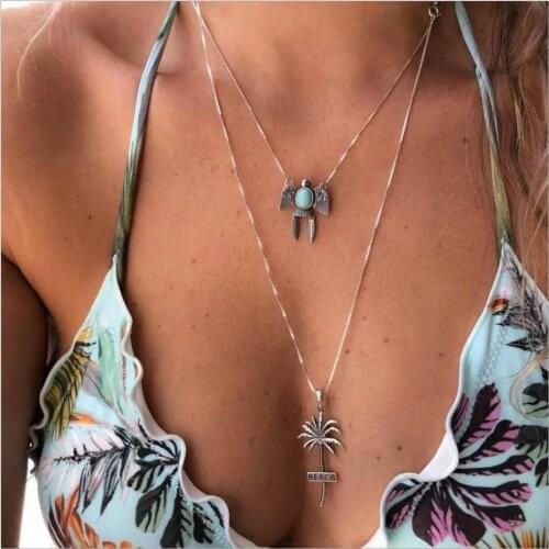 Beach style two layer necklace alloy accessory coconut tree bird pendant blue stone silver plated women gift