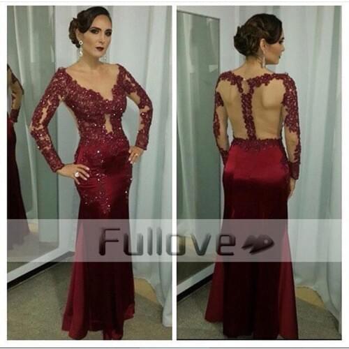 Amazing See Through Burgundy Long Sleeve Evening Dresses 2019 Crystal Beaded Mermaid Party Dress Appliques Formal Gown Vestidos