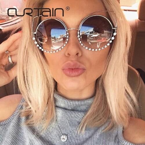 2019 Fashion Sexy Round Cat Eye Sunglasses Women Coating Reflective Mirror Diamond Decoration Glasses Female Shades UV400