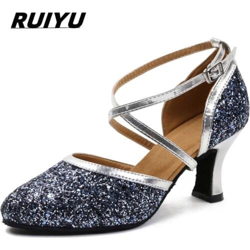 Latin Dance Shoes Ladies Salsa Jazz Ballroom Tango Girls High Heel Dance Shoes Closed Toe Outdoor Sequins Blue and White
