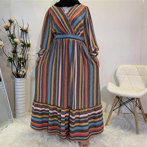 Turkey Muslim Dress Abaya Dress Striped Dubai Kaftan Arab Hijab Vestidos Robe Musulman De Mode Maxi Dresses Women Islam Clothing