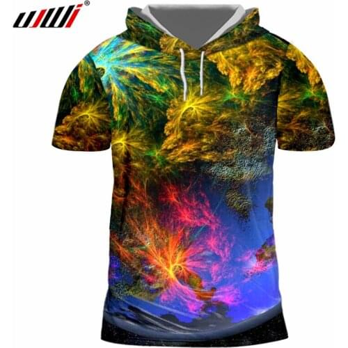 UJWI Men Casual Tshirts New Arrival 3d Cool Print Sea World Coral T-shirt With Hood Man Brand Clothes Short Sleeve Hoodies Shirt