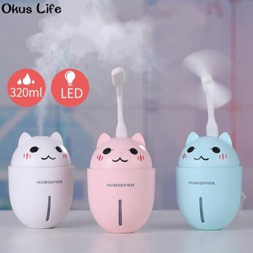 2019 Okus Life 3 in 1 320ML USB Air Humidifier Ultrasonic Cool-Mist Adorable Pet Mini Humidifier With LED Light Mini USB Fan