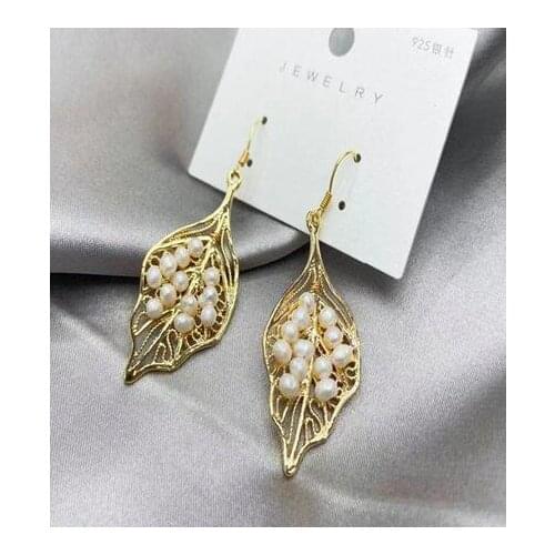 Jewelry white 100% Natural freshwater Pearl leaf Earring 925 sterling Silver hook pair