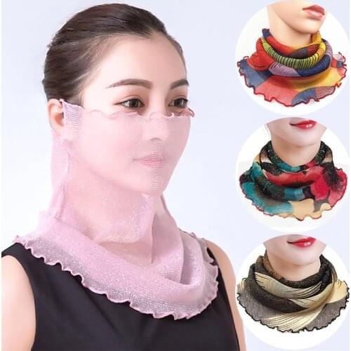 Women Face Cover Masks Fashion Bright Silk Bib Neck Cover Sun Protection Hanging Ear Veil Summer Scarf Breathable Mesh Headband