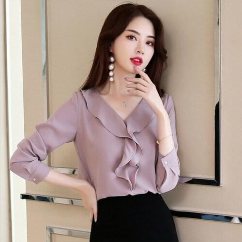 Womens Spring Autumn Style Chiffon Blouse Shirt Womens Ruffles V-Neck Solid Color Long Sleeve Korean Casual Tops SP1291