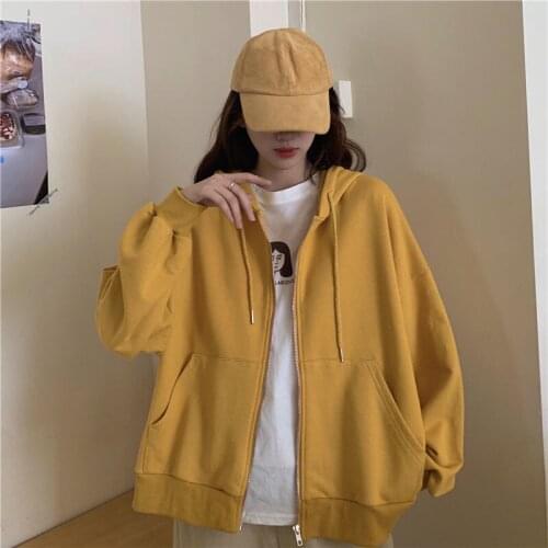 Female Zip Up Sweatshirt Winter Jacket Clothes Oversize Casual Loose Hoodies Ladies Vintage Street Pockets Long Sleeve Pullovers