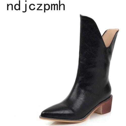 Womens Boots Autumn and Winter New Fashion Pointed Thick Heel Mid Heel Middle Tube Womens Shoes Plus Size 34-47 Black White