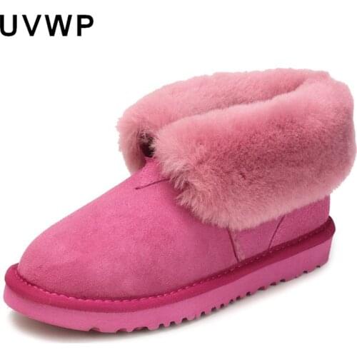 Fashion Womens Genuine Sheepskin Leather Snow Boots 100% Natural Fur Wool Ankle Boots Female Warm Winter Boots Shoes Non-Slip