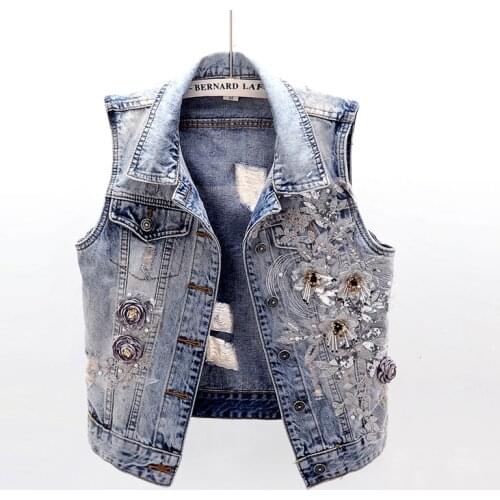 Korean Embroidery Flowers Holes Denim Vest Women Casual Short Sleeveless Jacket Coat Wash Blue Slim Jeans Vests Female Waistcoat