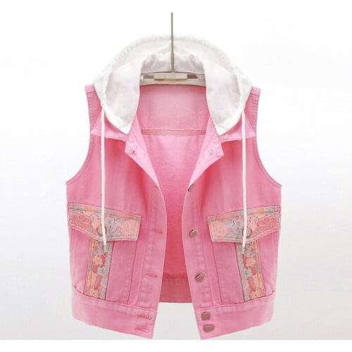 Womens Spring Autumn Sleeveless Hooded Vintage Pink Denim Vest Female Winter Plus Size Slim Short Waistcoat 2XL TB297