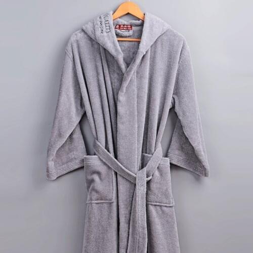 Mens Bathrobe Hooded Winter Thick Warm Towel Fleece Nightwear Hotel Spa Cotton Bath robe Couples Kimono Robe Long Nightgown