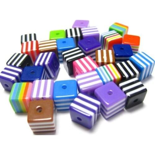 100 Mixed Colour Stripes Acrylic Cube Beads 8mm