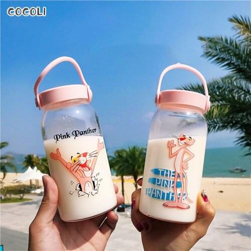 400ML Cartoon Glass Water Bottles Milk Cup Portable Students Cute Pink Panther Drink Glass Bottle for Juice Coffee Tea Drinkware